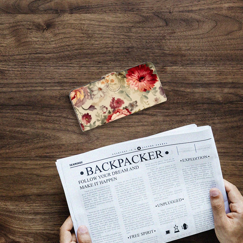 Hoesje voor Samsung Galaxy A14 4G Bloemen op houten tafel met krant eronder.