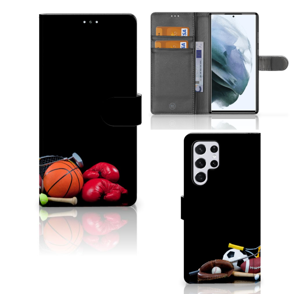 Samsung Galaxy S22 Ultra Wallet Case met Pasjes Sports met sportillustraties zoals basketball en bokshandschoenen.