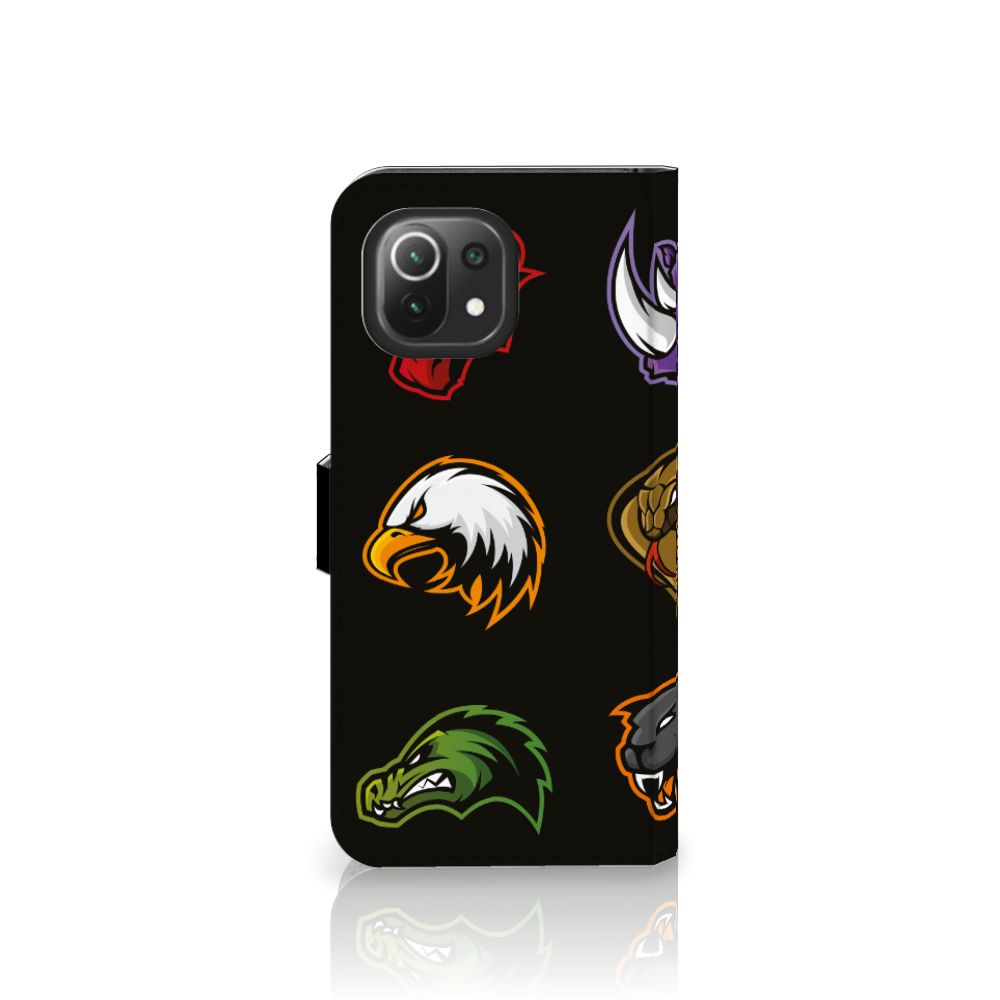 Xiaomi 11 Lite 5G NE | Mi 11 Lite Leuk Hoesje Cartoon met kleurrijke cartoons en dierenlogo's op een zwart achtergrond.