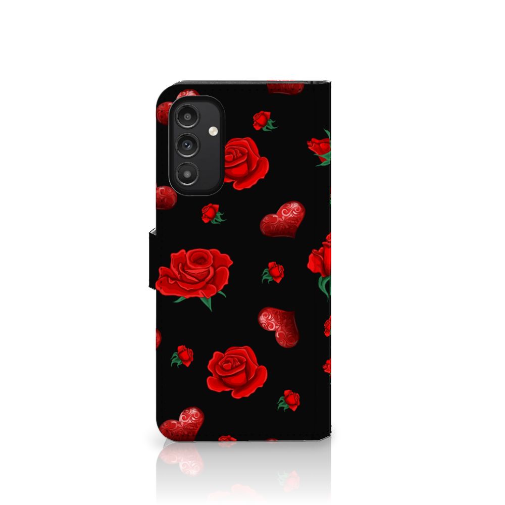 Samsung Galaxy A14 4G Leuk Hoesje Valentine met rozen en harten op zwarte achtergrond