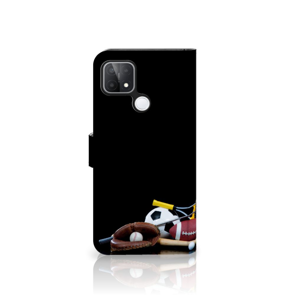 OPPO A15 Wallet Case met Pasjes Sports met sportafbeeldingen en houders voor pasjes en geld.