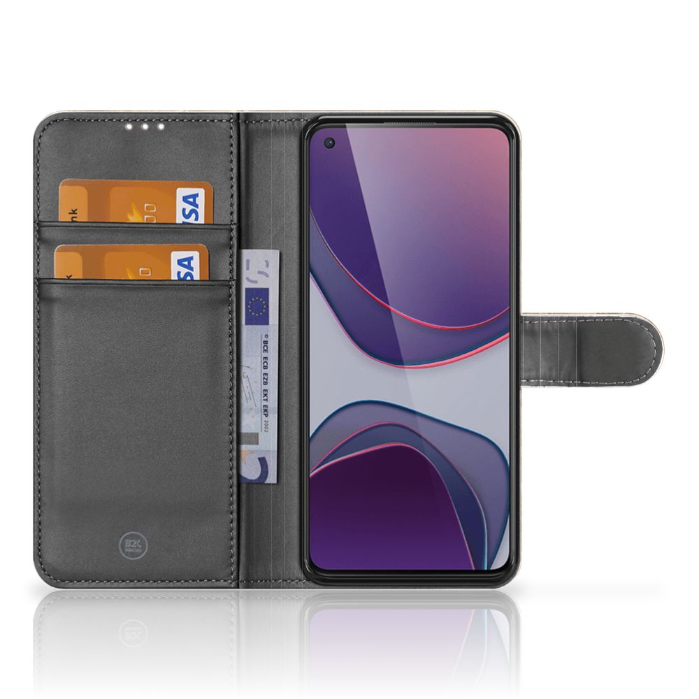 OnePlus 8T Bookcase Marmer Creme met pasjes, luxe hoesje met TPU-siliconen en kunstleren buitenkant.