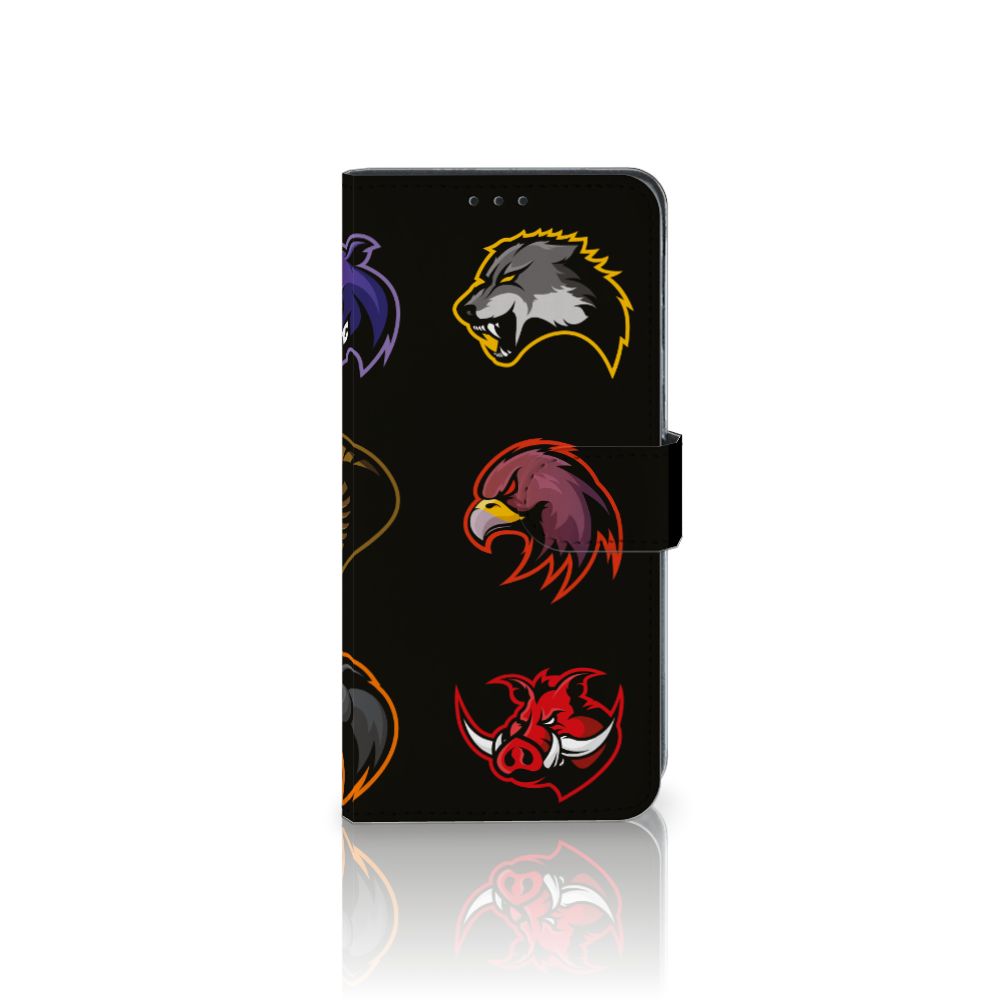 OPPO A91 | Reno3 Leuk Hoesje Cartoon met kleurrijke cartoon dierenhoofden op een zwart achtergrond.