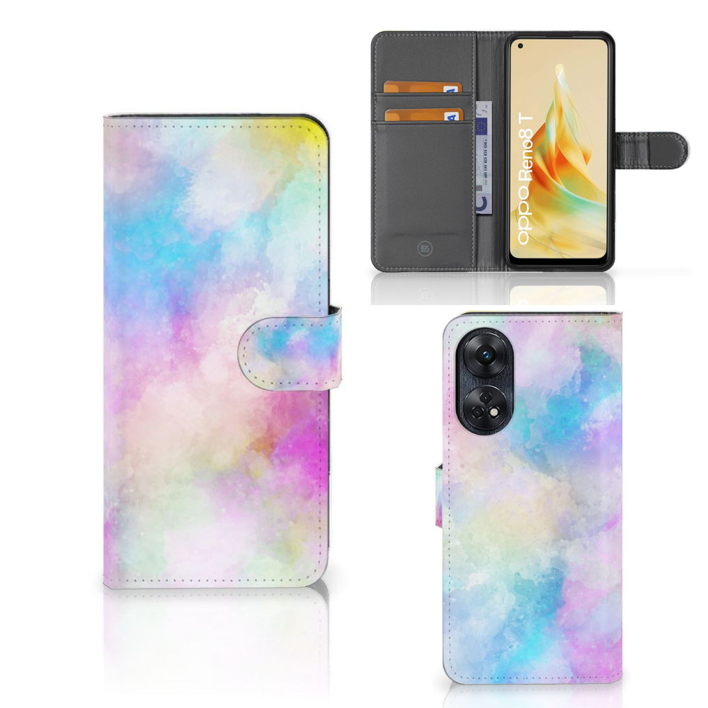 Hoesje OPPO Reno8 T 4G Watercolor Light met pasjeshouder en pastelkleuren ontwerp.