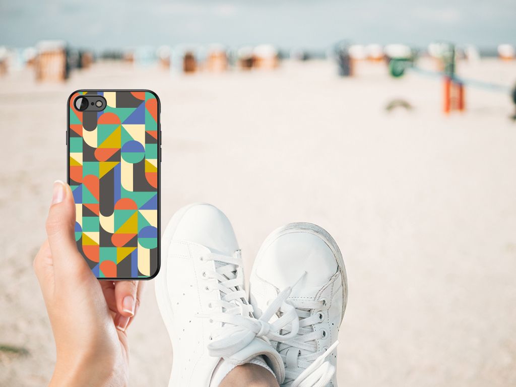iPhone SE 2022 | SE 2020 | 7/8 Back Case Funky Retro displayed on a beach with stylish sneakers.