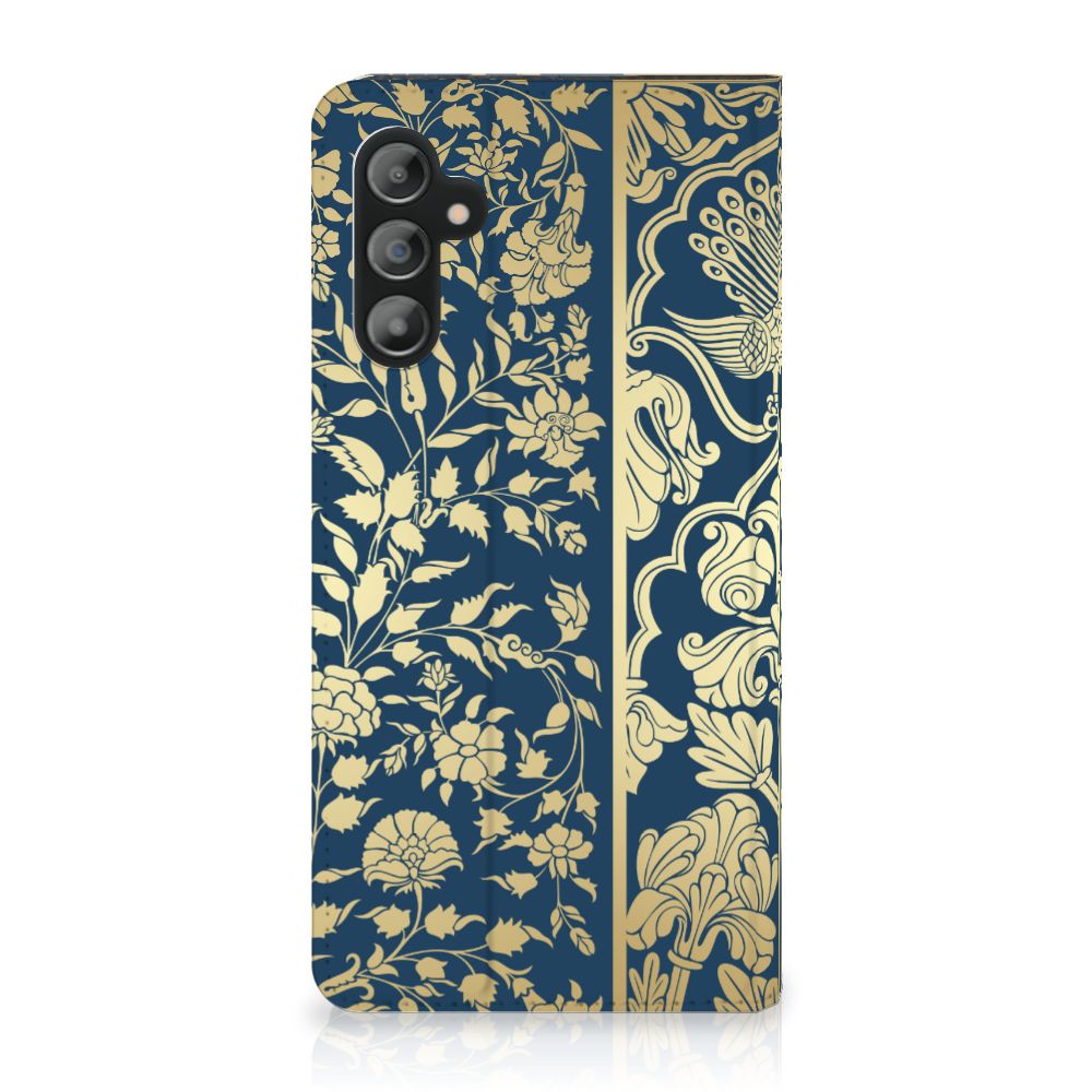 Samsung Galaxy A14 5G Smart Cover Beige Flowers design with elegant floral pattern on a dark blue background.