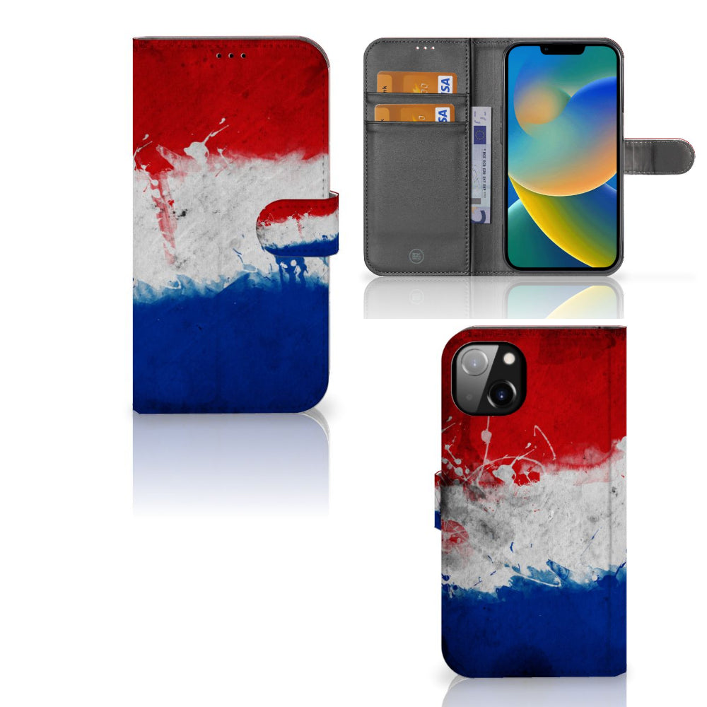 iPhone 14 Plus Bookstyle Case Nederland met artistieke Nederlandse vlag ontwerp en pasjes compartiment