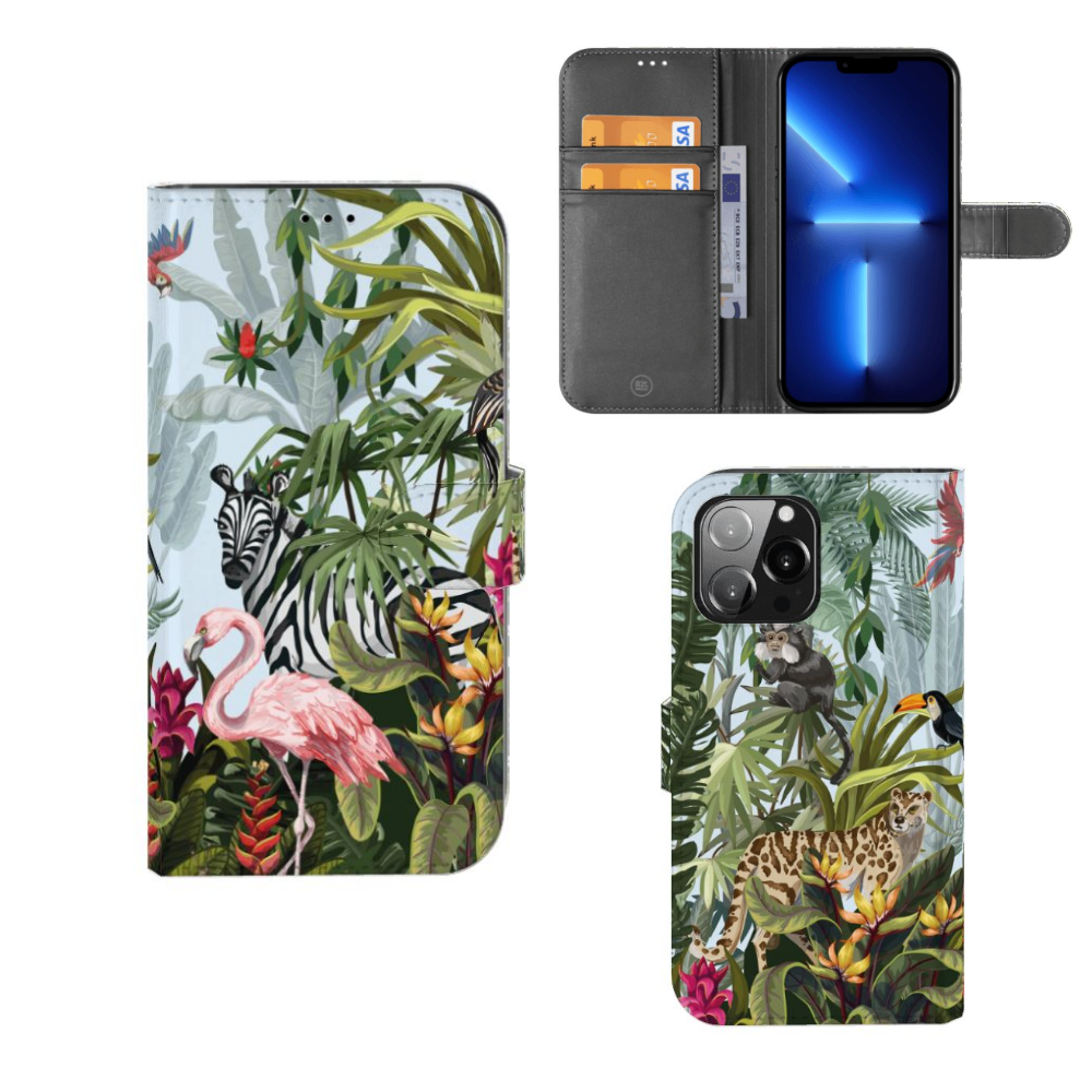 Telefoonhoesje met Pasjes voor iPhone 13 Pro Max Jungle met tropisch design en dieren 🌴🦩