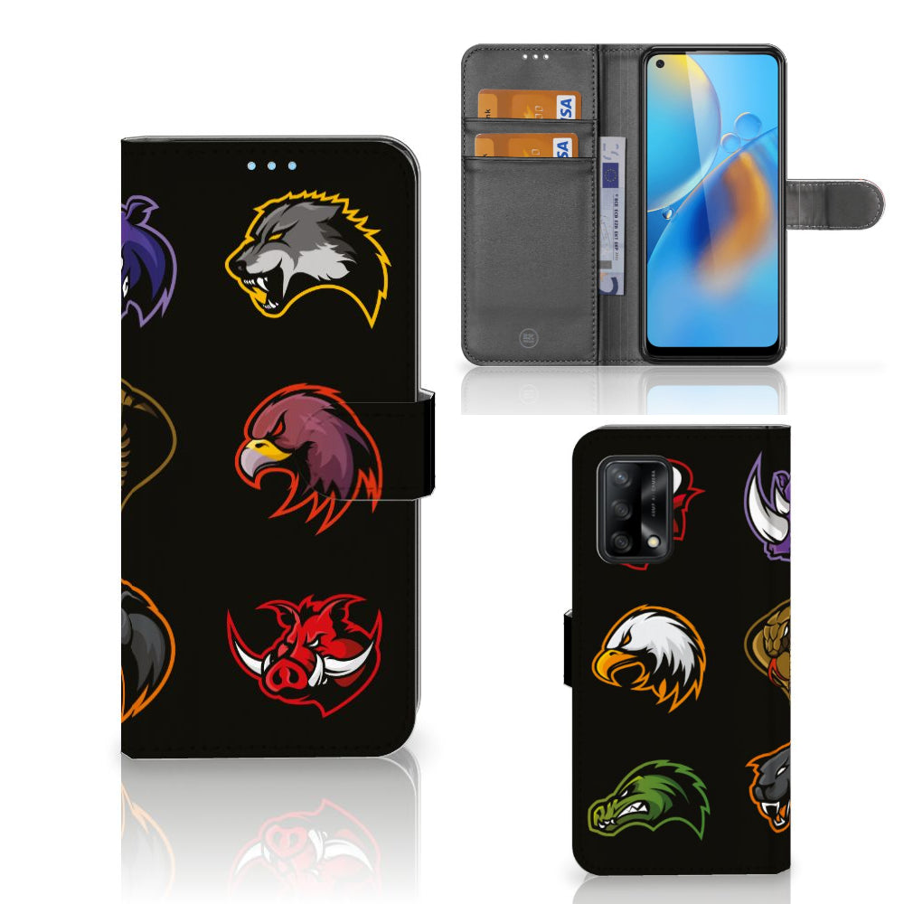 OPPO A74 4G Leuk Hoesje Cartoon met dierenprints op zwarte achtergrond, inclusief ruimte voor kaarten.