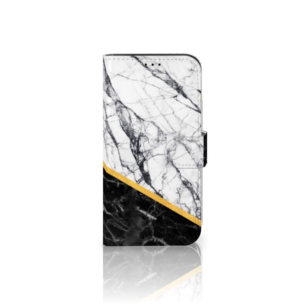 iPhone 13 Pro Bookcase Marmer Wit Zwart - Origineel Cadeau Man met luxe marmer design en gouden scheidingslijn.