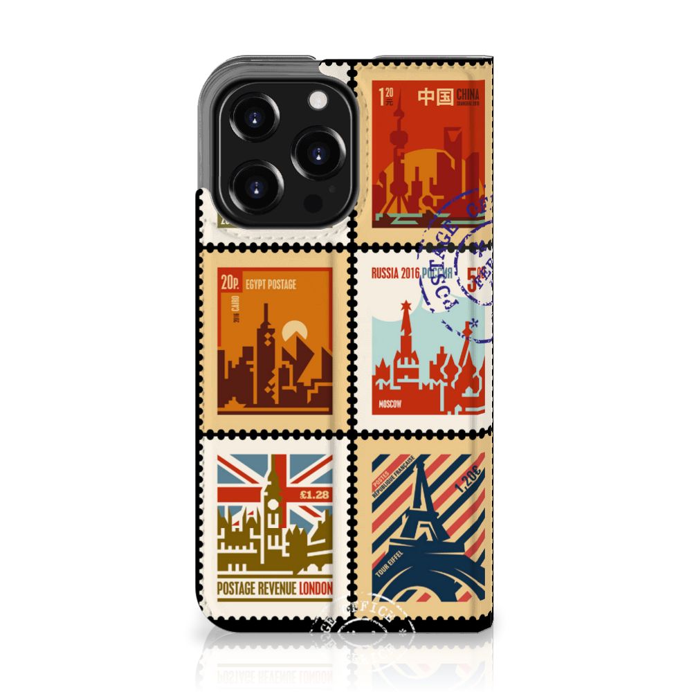 iPhone 13 Pro Book Cover Postzegels met kleurrijke postzegels uit verschillende landen en unieke ontwerpen.