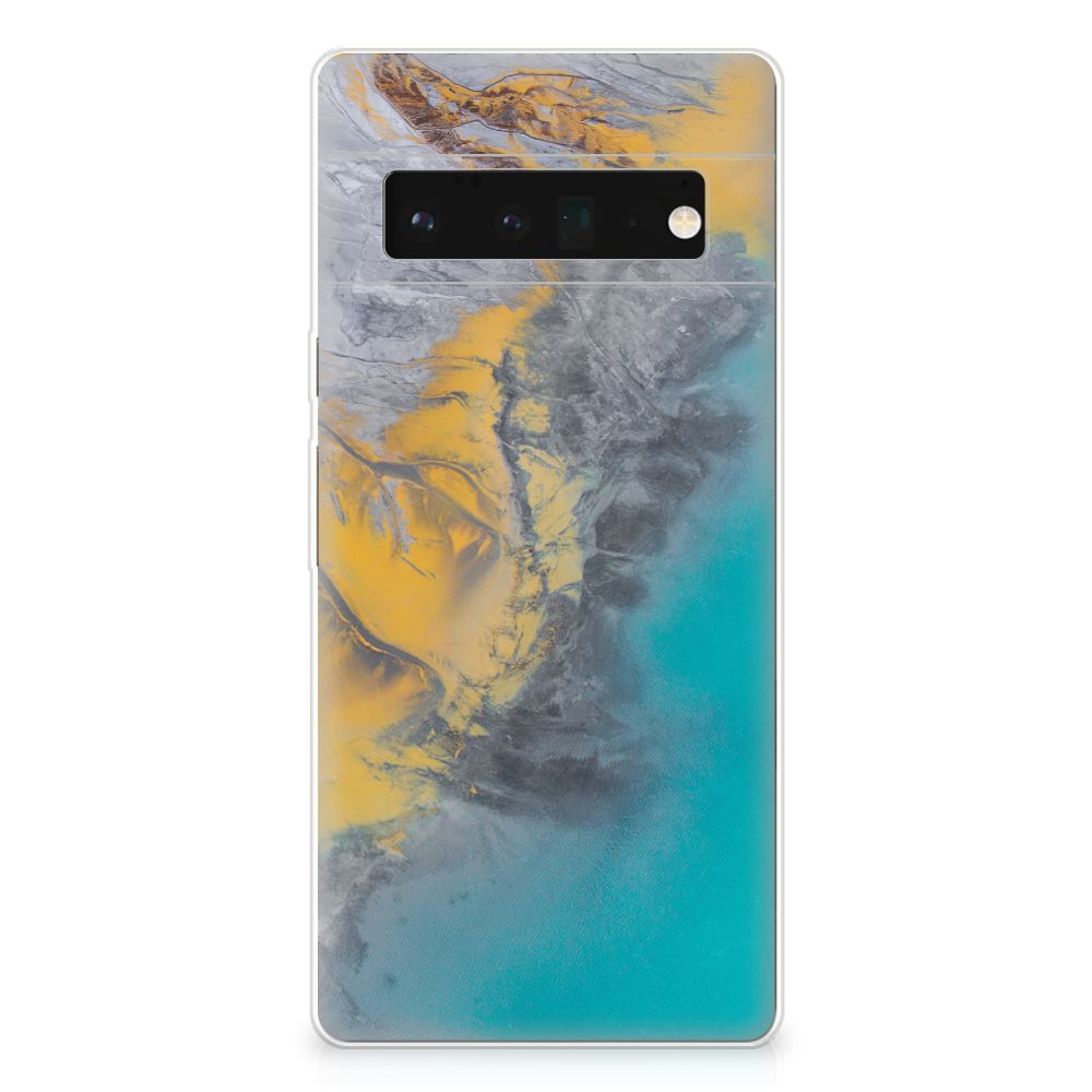 Google Pixel 6 Pro TPU Siliconen Hoesje Marble Blue Gold