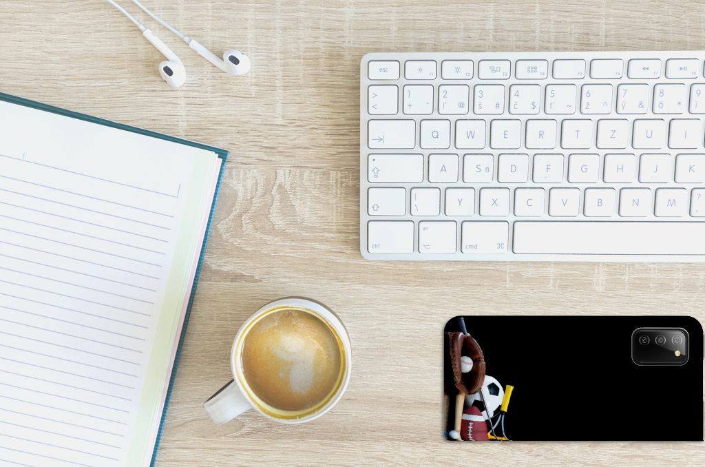 Samsung Galaxy M02s | A02s Hippe Standcase Sports on a desk with coffee and notebook.