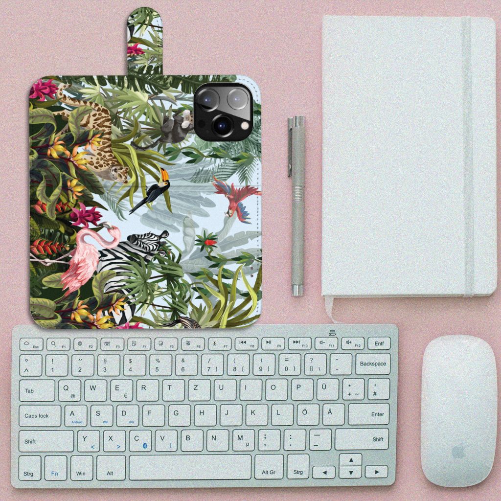 Telefoonhoesje met Pasjes voor iPhone 14 Pro Max Jungle met tropisch dierenontwerp en bladeren 🌴