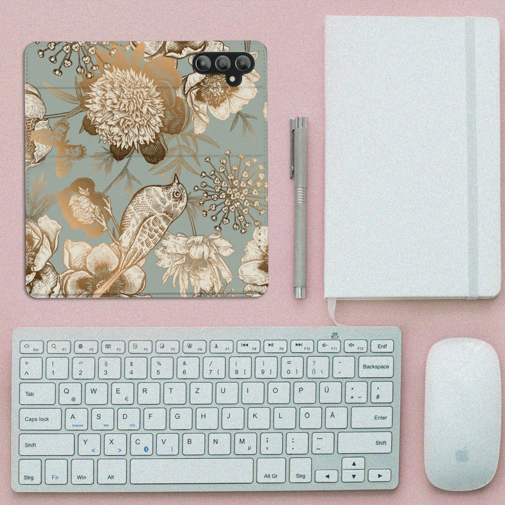 Smart Cover voor Samsung Galaxy A14 4G Vintage Bird Flowers met bloemmotief en vogel, stijlvolle design hoesje.