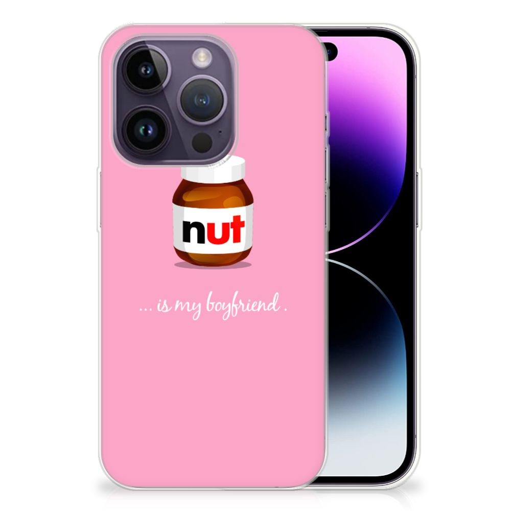 Apple iPhone 14 Pro Siliconen Case Nut Boyfriend met roze design en illustratie van chocoladepasta.