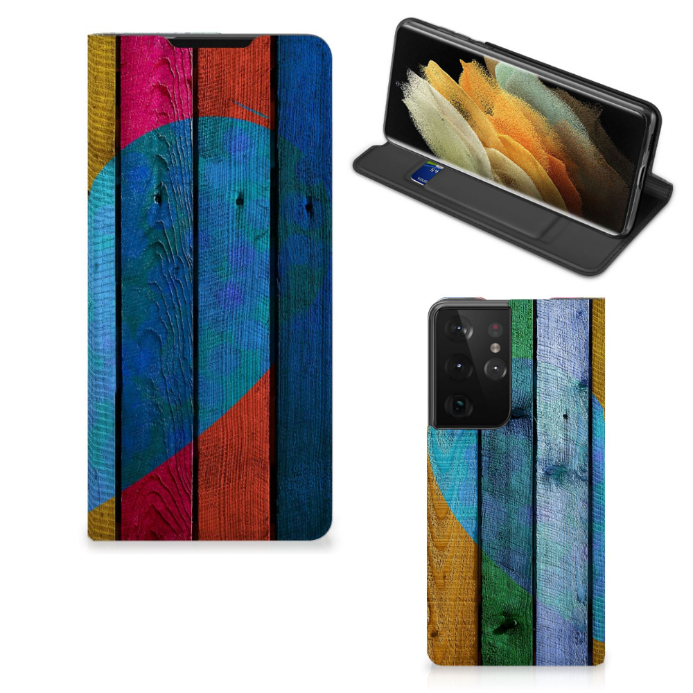 Samsung Galaxy S21 Ultra Book Wallet Case Wood Heart - Cadeau voor je Vriend - B2C Telecom
