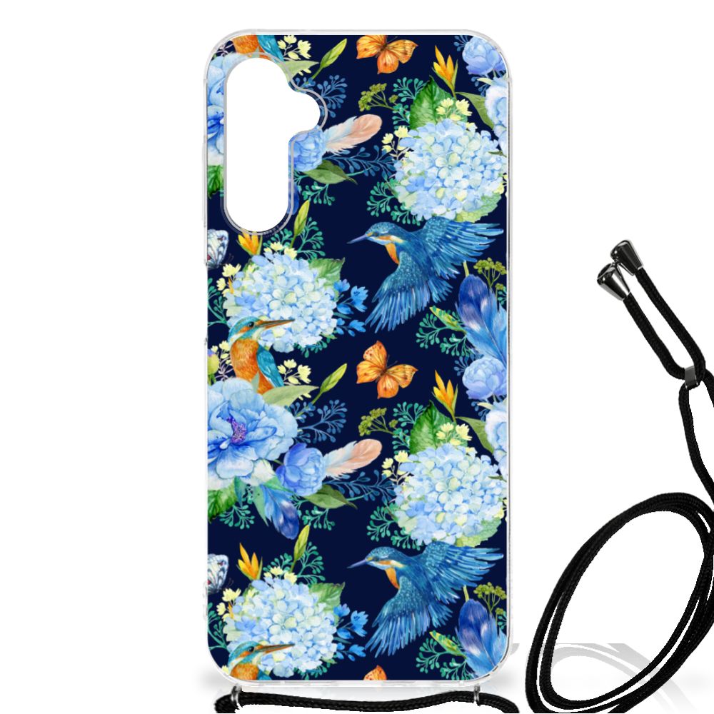 Case Anti-shock voor Samsung Galaxy A14 5G IJsvogel met bloemen en vlinders in een kleurrijk ontwerp.
