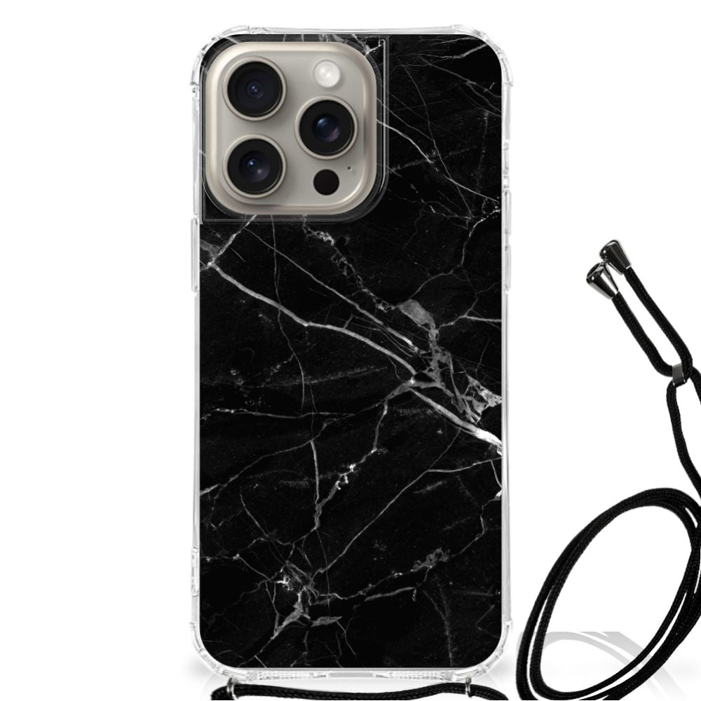 iPhone 15 Pro Max Anti-Shock Hoesje Marmer Zwart - Origineel Cadeau Vader