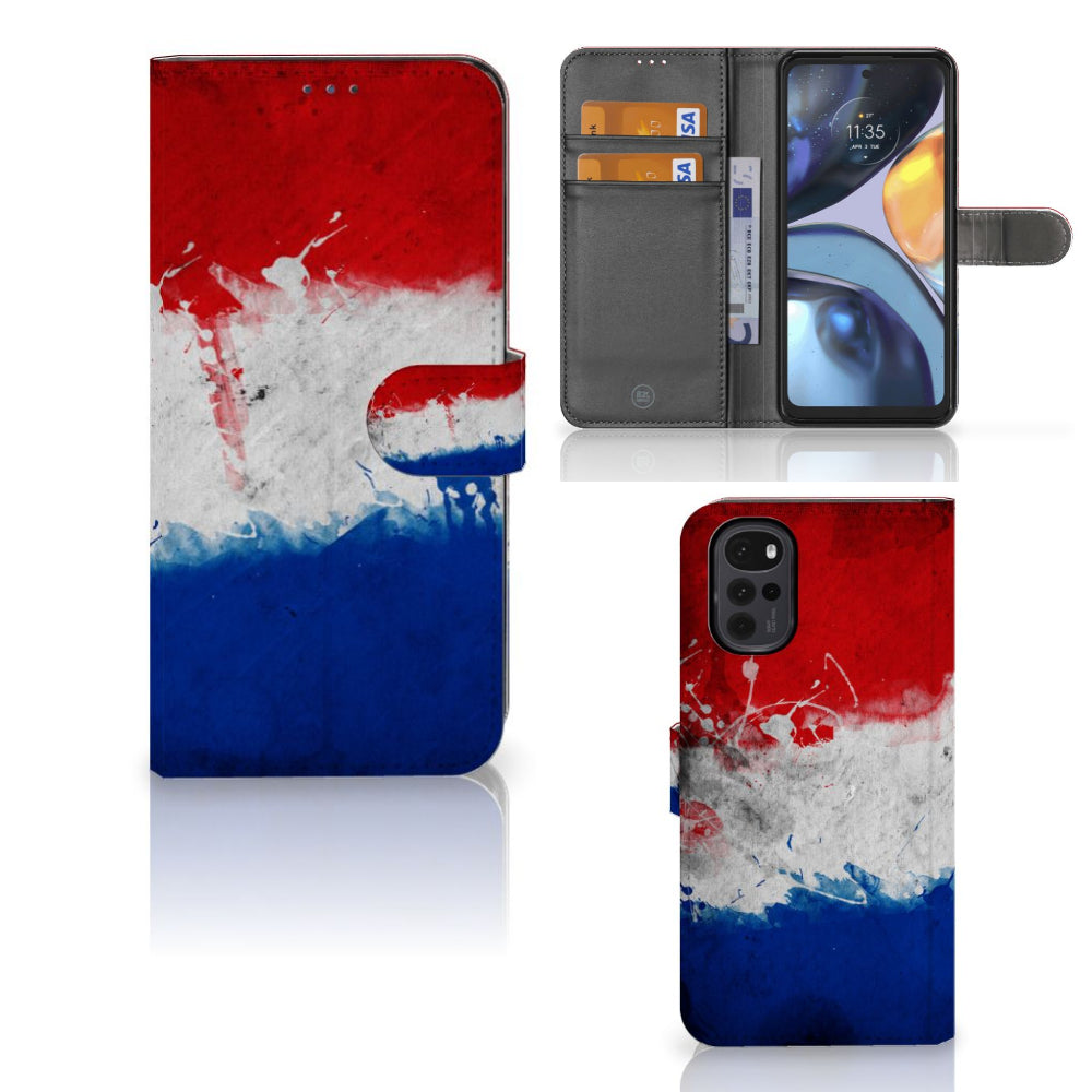 Motorola Moto G22 Bookstyle Case Nederland met artistieke Nederlandse vlag en pasjeshouder.