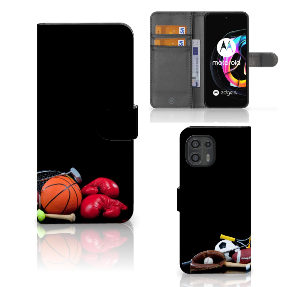 Motorola Edge 20 Lite Wallet Case met Pasjes Sports met sportafbeeldingen zoals basketbal en bokshandschoenen.