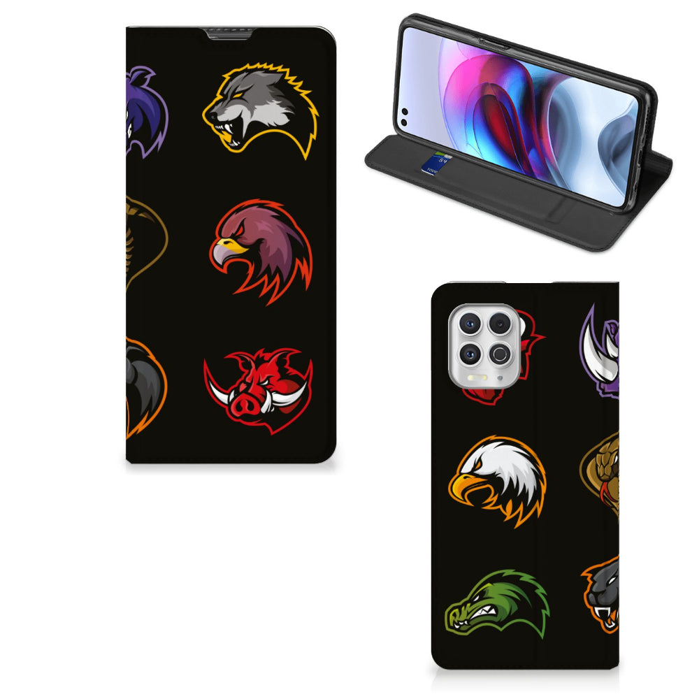 Motorola Moto G100 Magnet Case Cartoon design featuring colorful cartoon animal heads on a black background.