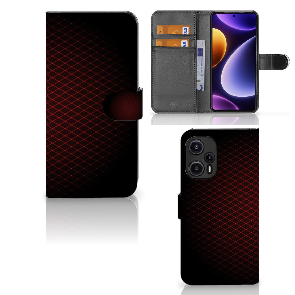 Xiaomi Poco F5 Telefoon Hoesje Geruit Rood met ruimte voor 3 pasjes en strak design