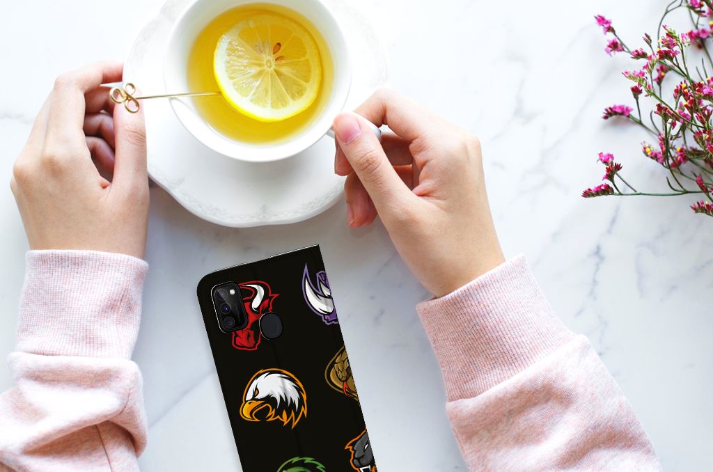 Samsung Galaxy M30s | M21 Magnet Case Cartoon design on phone next to a cup of tea with lemon.