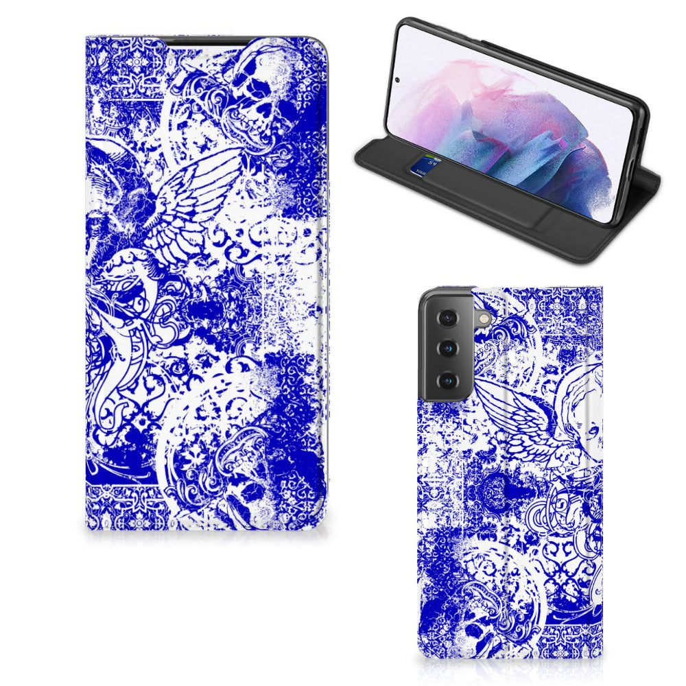 Mobiel BookCase Samsung Galaxy S21 Plus Angel Skull Blauw
