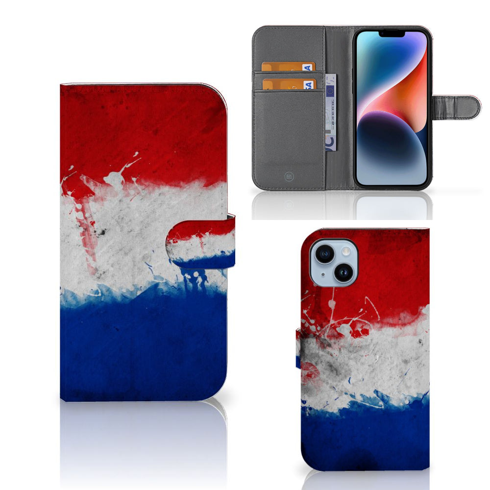 iPhone 15 Plus Bookstyle Case Nederland met Nederlandse vlag design in artistieke stijl.