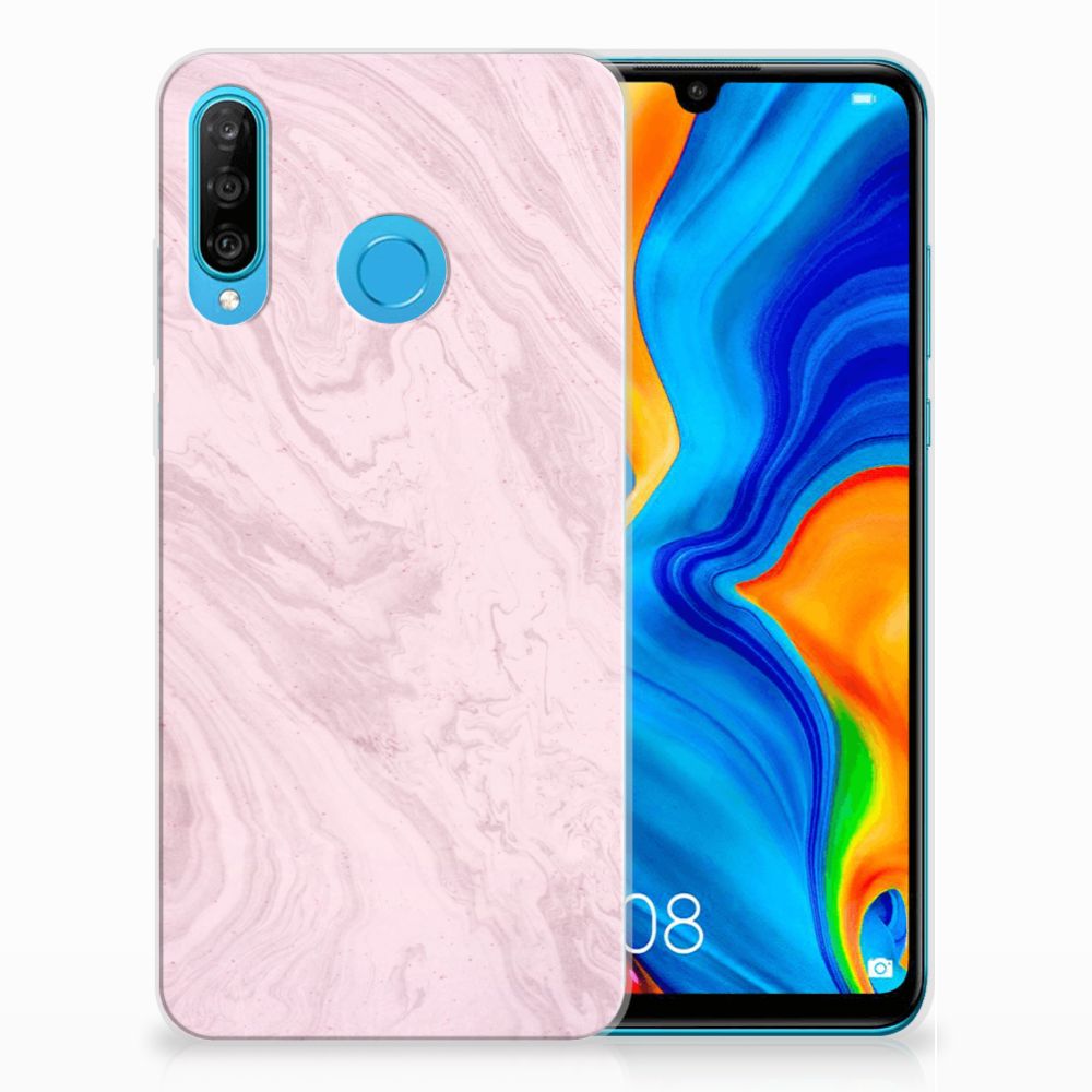 Huawei P30 Lite TPU Siliconen Hoesje Marble Pink - Origineel Cadeau Vriendin