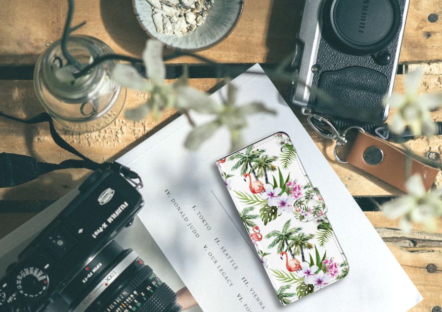 Samsung Galaxy A20s Telefoonhoesje met Pasjes Flamingo Palms