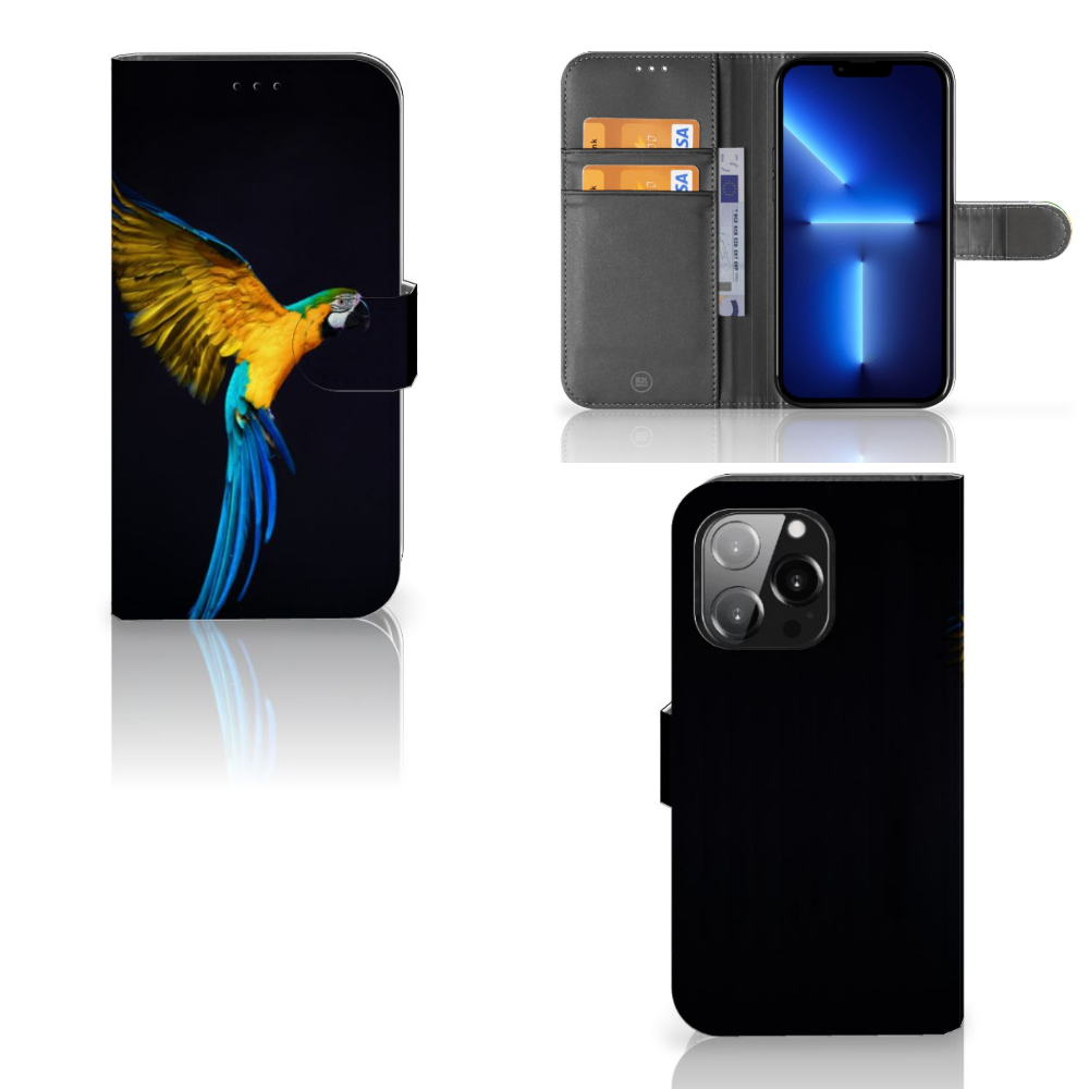 iPhone 13 Pro Telefoonhoesje met Pasjes Papegaai met kleurrijke papegaai en ruimte voor 3 pasjes.