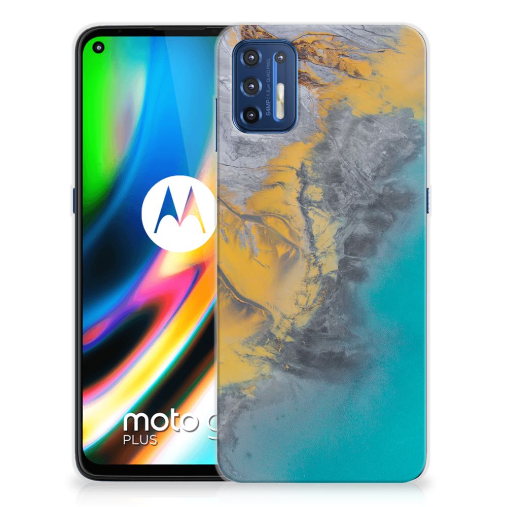 Motorola Moto G9 Plus TPU Siliconen Hoesje Marble Blue Gold
