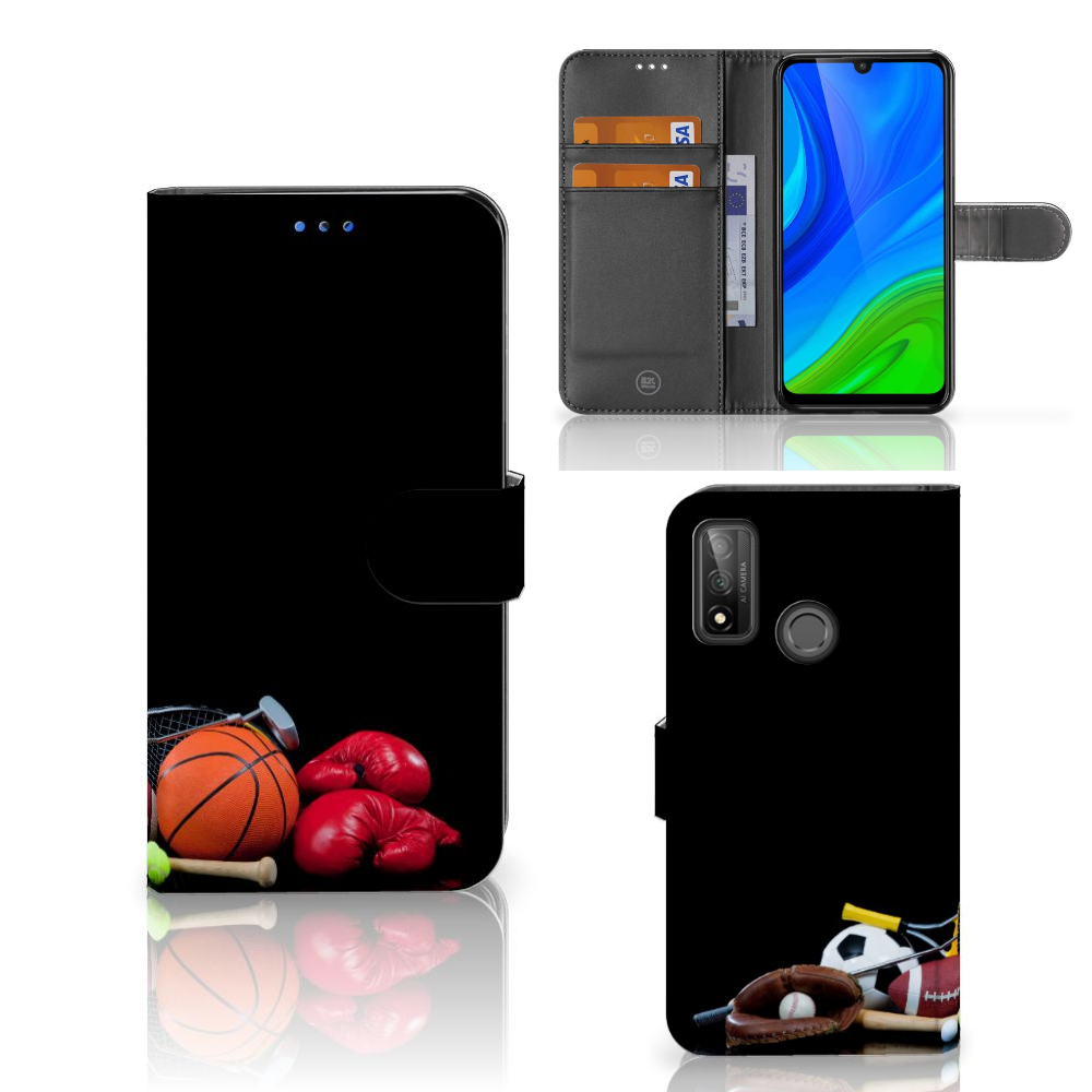 Huawei P Smart 2020 Wallet Case met Pasjes Sports met afbeeldingen van verschillende sporten en pasjeshouders.