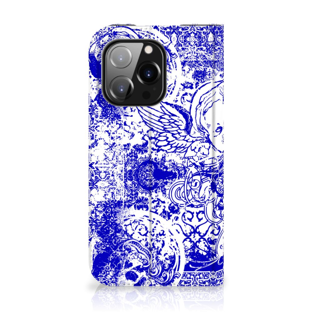 Mobiel BookCase iPhone 14 Pro Angel Skull Blauw met een duister blauw patroon en engel ontwerp.