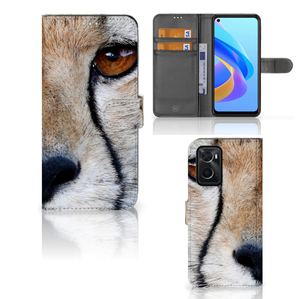 OPPO A76 | A96 Telefoonhoesje met Pasjes Cheetah, close-up van cheeta op telefoonhoesje met pasjesruimte.