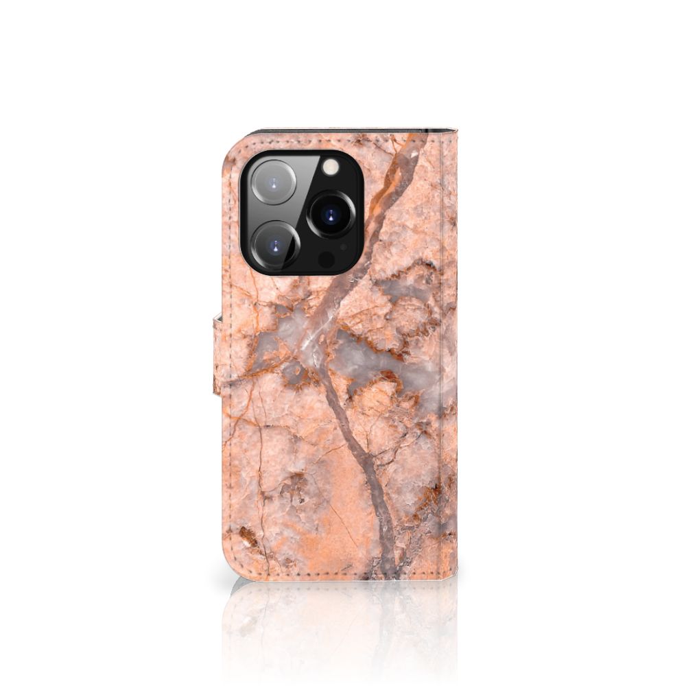 iPhone 14 Pro Bookcase Marmer Oranje met uniek oranje marmer design voor een stijlvolle bescherming.