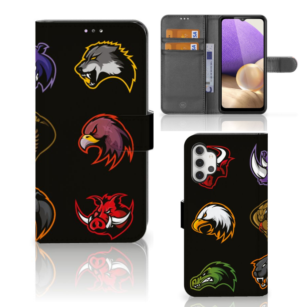Samsung Galaxy A32 4G Leuk Hoesje Cartoon met verschillende dierenkoppen op een zwart ontwerp.