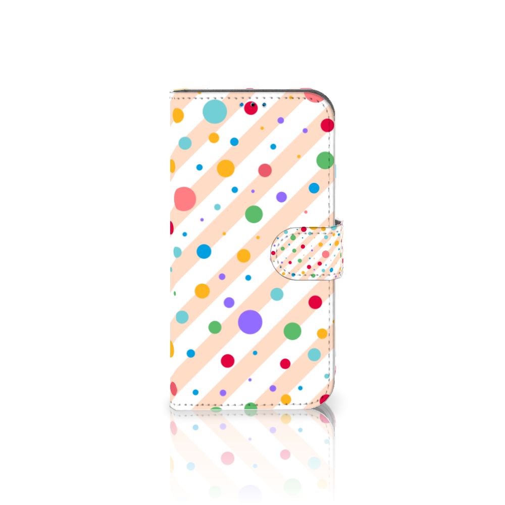 iPhone 14 Pro Telefoon Hoesje Dots met kleurrijke stippen op een gestreepte achtergrond, voor stijlvolle smartphonebescherming.