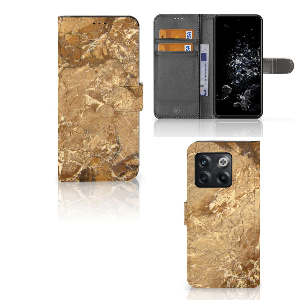 OnePlus 10T Bookcase Marmer Creme met pasjes, luxe beschermhoes in marmerlook, TPU-siliconen en kunstleer.