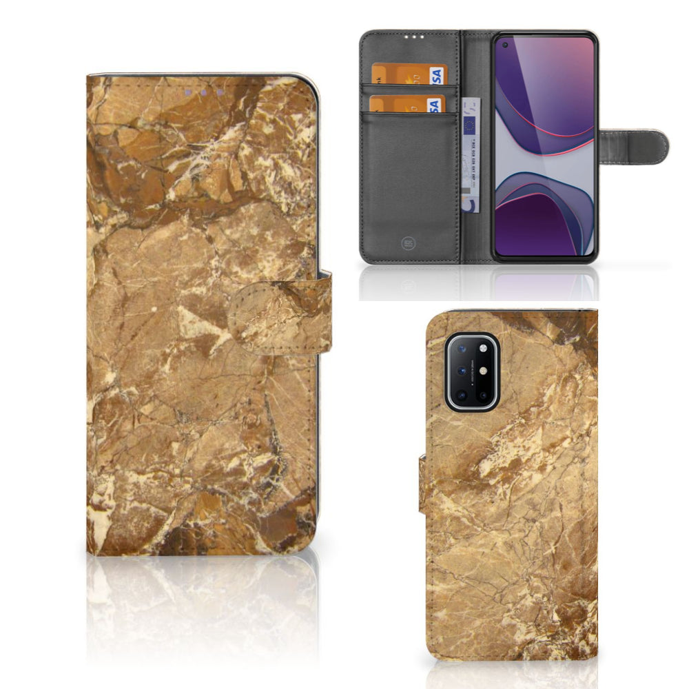 OnePlus 8T Bookcase Marmer Creme - luxe hoesje met marmerdesign en ruimte voor pasjes.