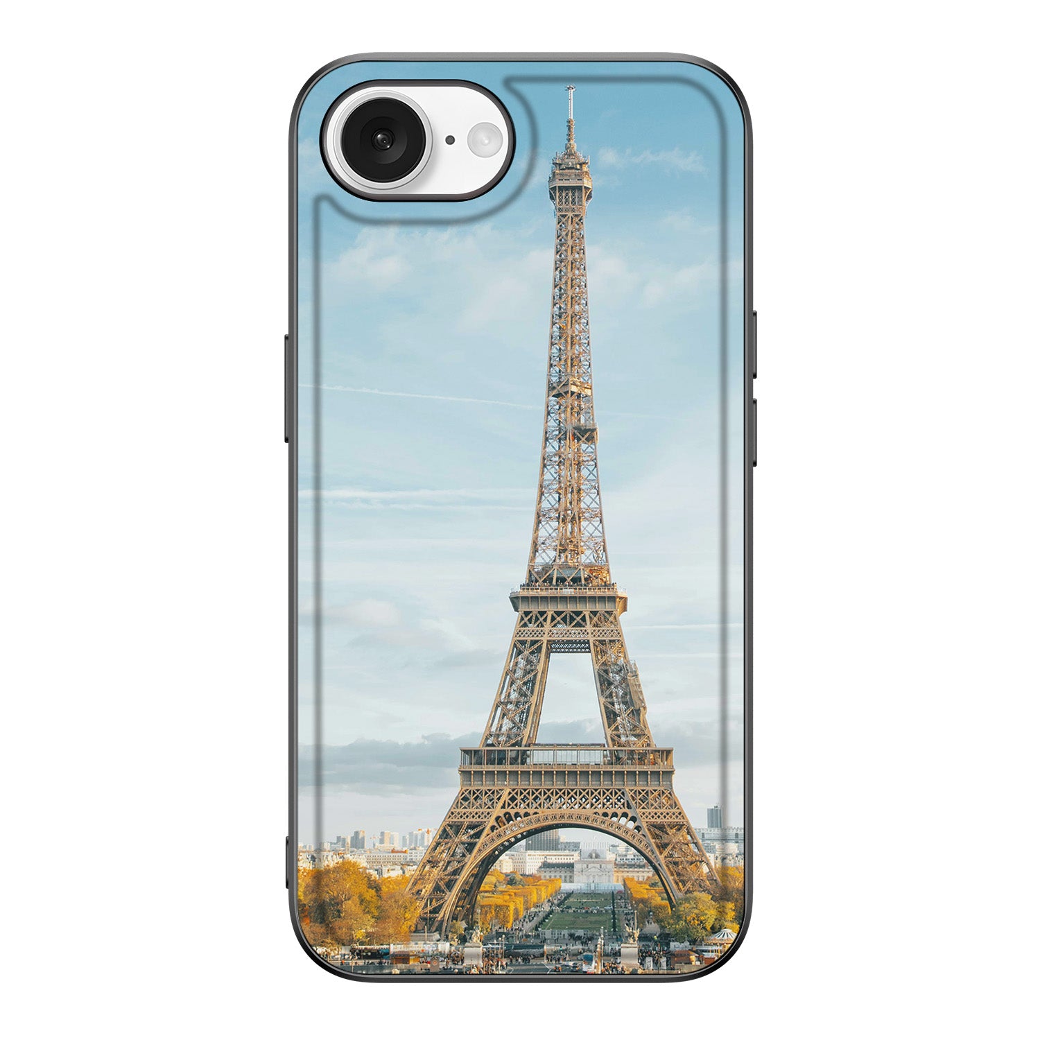 Back Cover iPhone 16e – Eigen Ontwerp met het ontwerp van de Eiffeltoren in Parijs.