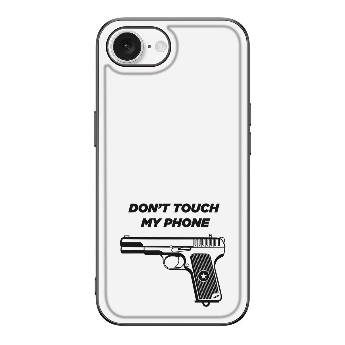 iPhone 16e Telefoon Hoesje Pistol DTMP met Don't Touch My Phone ontwerp en pistool illustratie
