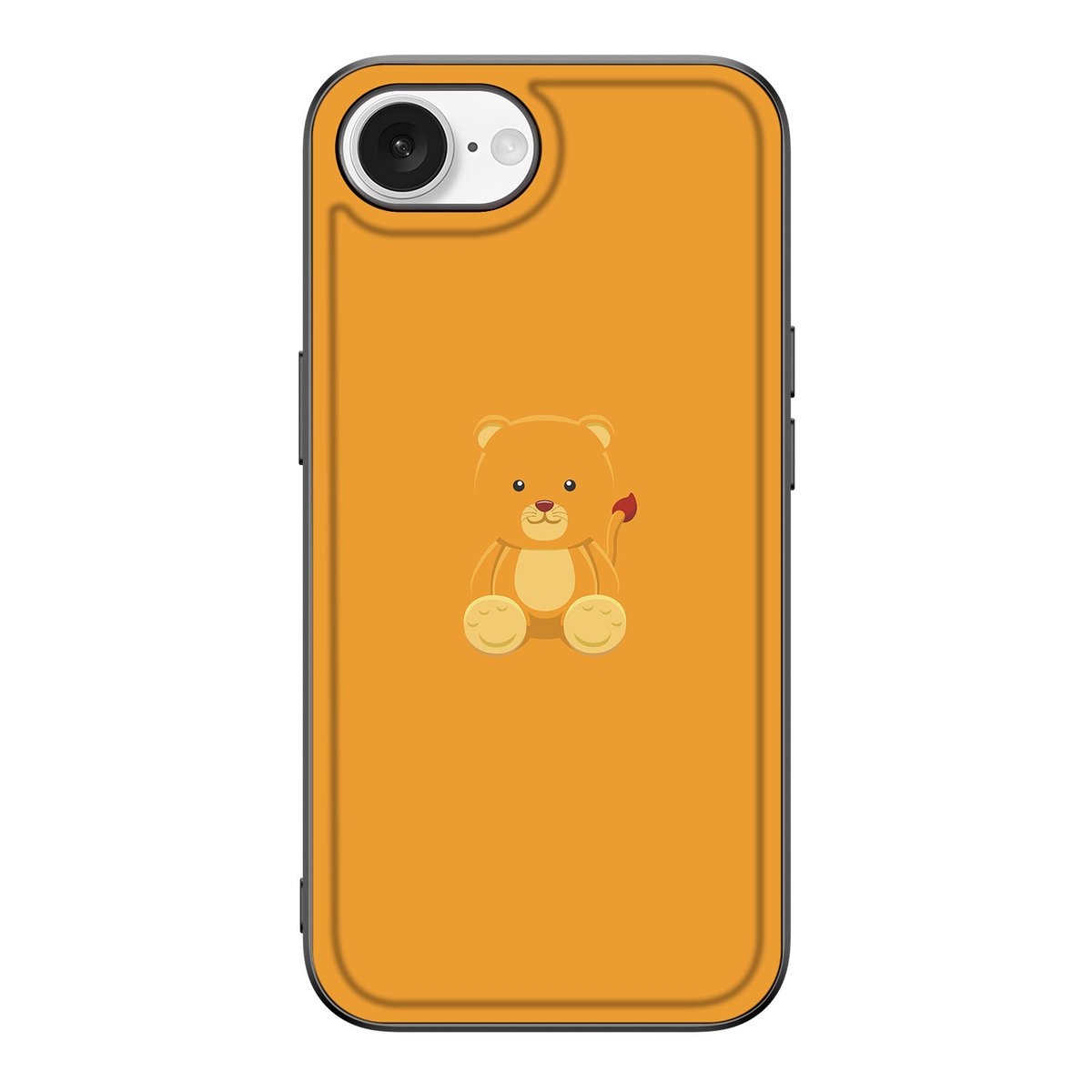 iPhone 16e Hoesje Baby Beer met schattige beerillustratie op een oranje achtergrond.