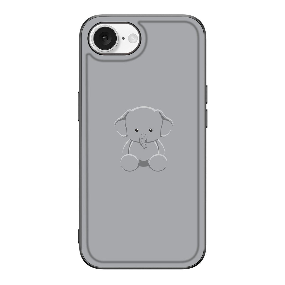 iPhone 16e Hoesje Grijs Baby Olifant met schattige olifant illustratie op grijs TPU materiaal.