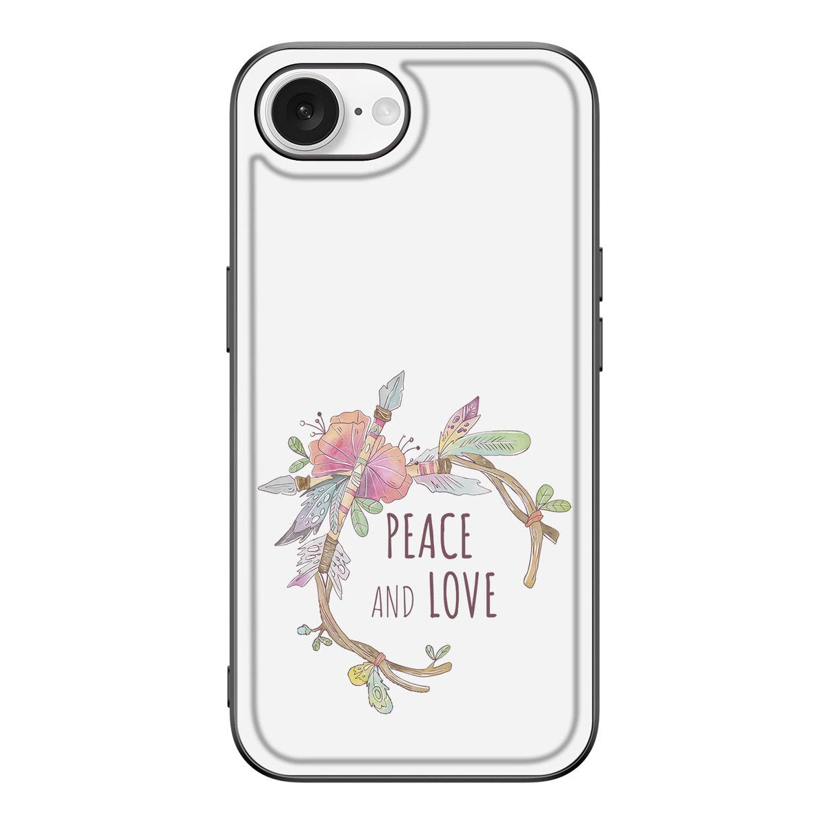 iPhone 16e Hoesje Boho Text met ontwerp van bloemen en tekst 'Peace and Love' op witte achtergrond.