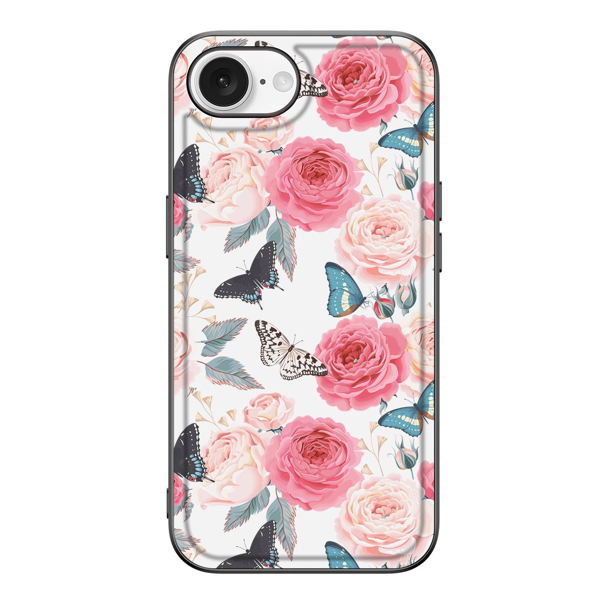 iPhone 16e Bloemen Hoesje Butterfly Roses met roze rozen en vlinders op een transparante achtergrond.