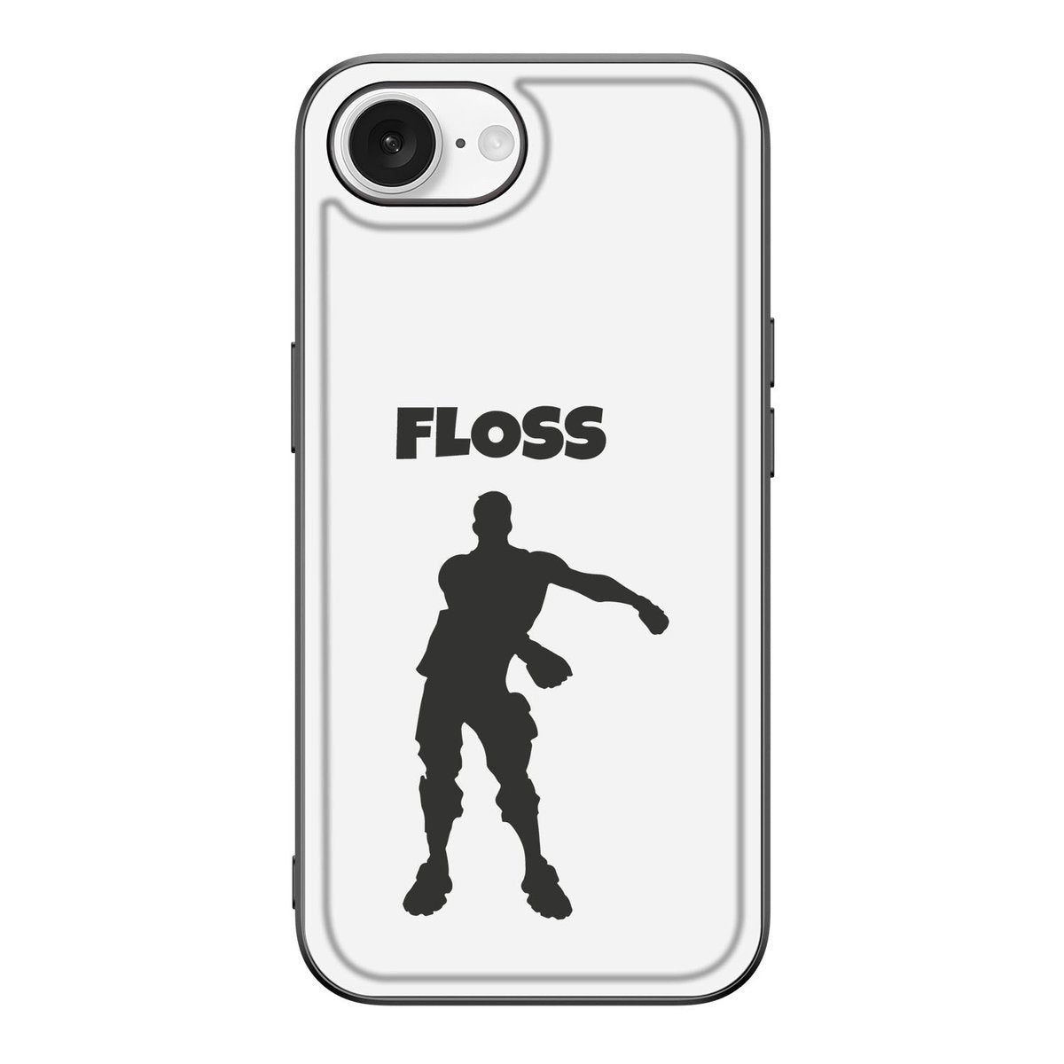 iPhone 16e Hoesje Floss met silhouet van dansende figuur en Floss tekst op een witte achtergrond.
