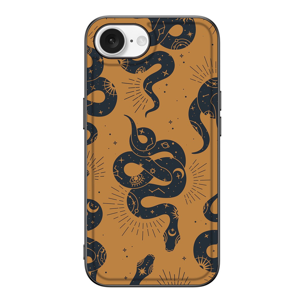Dierenprint Telefoonhoesje voor iPhone 16e Snakes met slangenontwerp in zwart en bruin.
